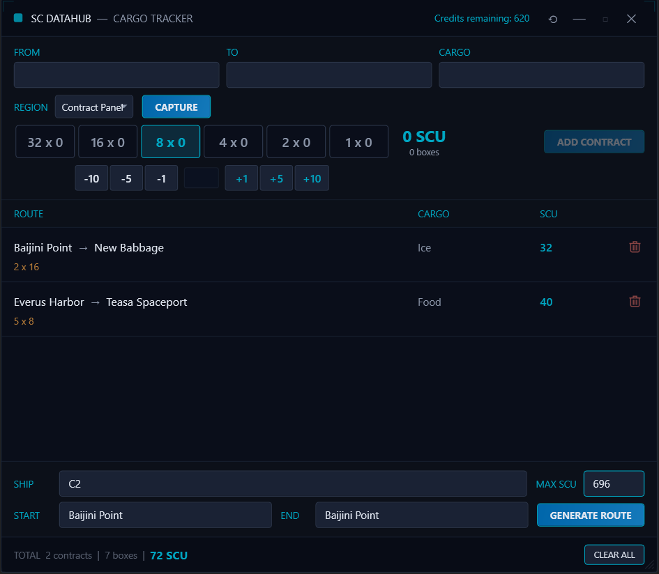 SC DataHub Cargo Tracker — contract capture and route planning