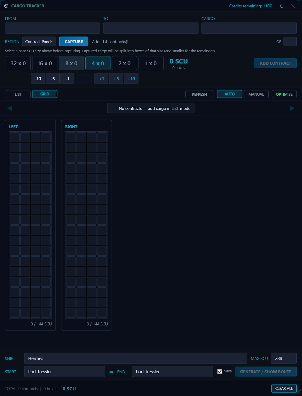 Cargo Tracker in grid view with AUTO and OPTIMISE buttons visible
