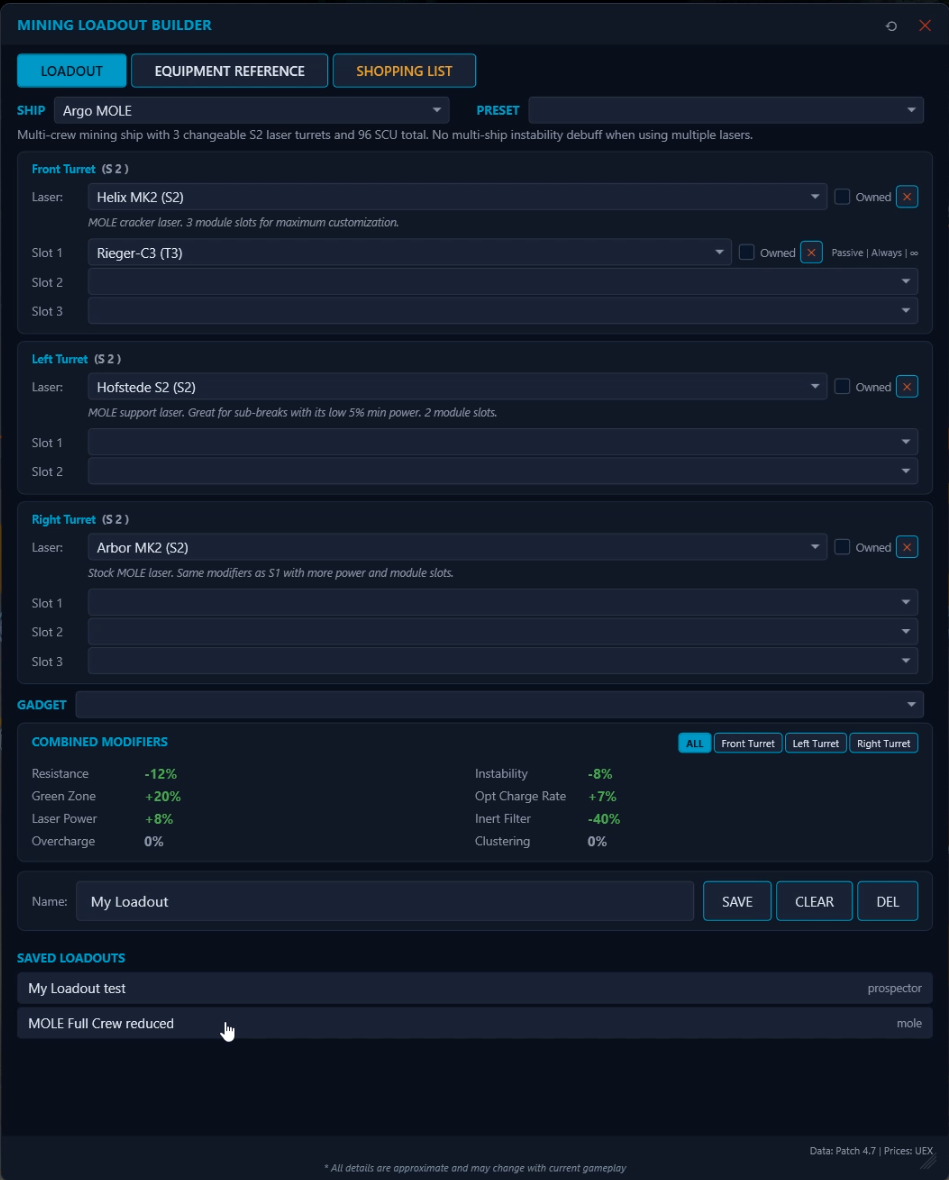 Mining Loadout Builder on the Loadout tab configured for an Argo MOLE with three S2 turrets