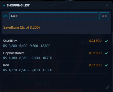 Mini Shopping List popout with RS value search at the top showing Savrillium match