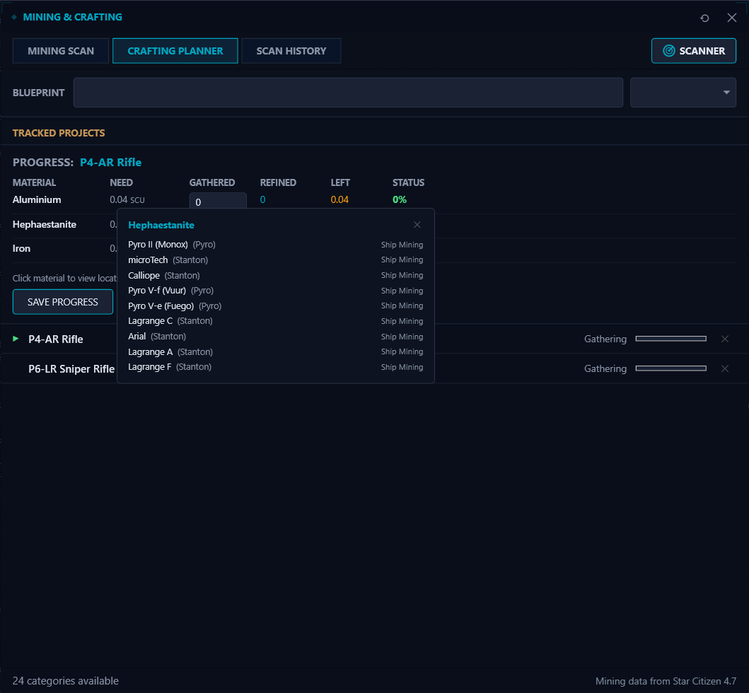 SC DataHub Crafting Planner — blueprint material tracking with mining locations