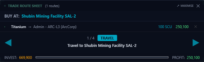 SC DataHub minimised trade route sheet — compact trade overlay with profit tracking