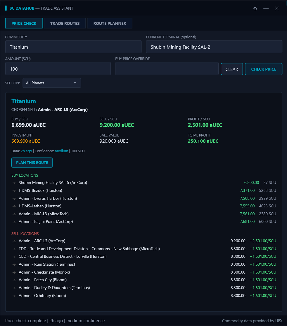 SC DataHub Trade Assistant — commodity price check with buy and sell locations